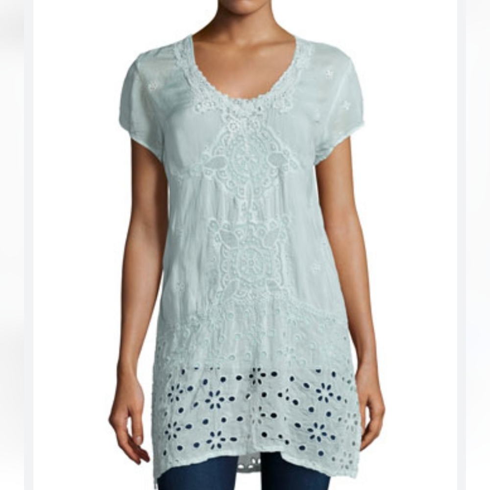Johnny Was Kelso Short-Sleeve Long Tunic Top in Arctic Mint Small